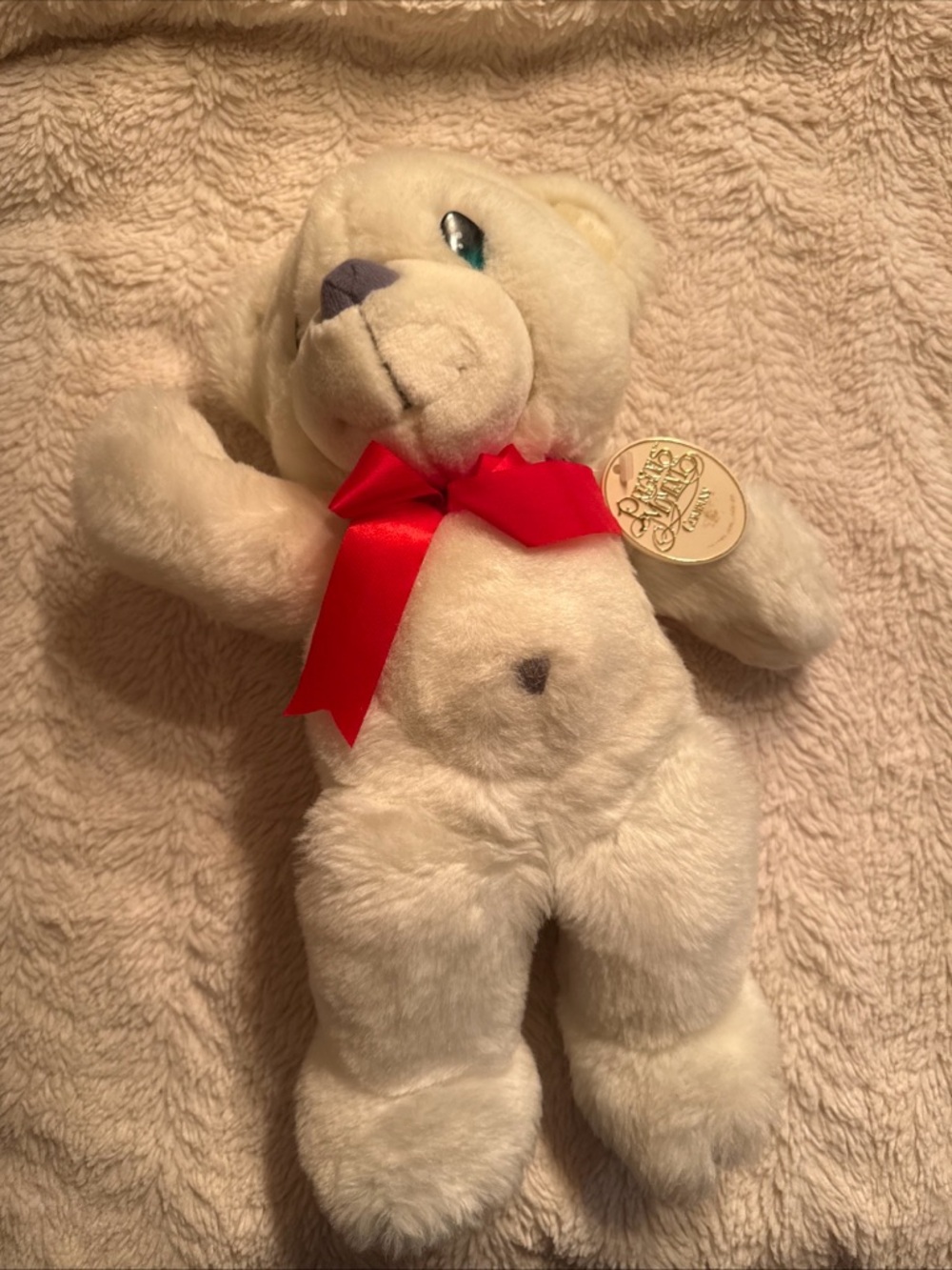 Precious Moments White Plush Bear with Red Satin Bow Gintage 1993 15” Snowball